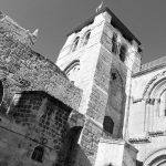 outside view of the church of the Holy Sepulchre in Jerusalem holding the tomb of jesus christ in black and white