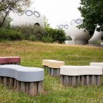 spherical houses designed by Dries Kreijkamp in den Bosch Netherlands with colored benches in shape of brushes