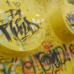 close up detail of the giant yellow lego in Pristina Kosovo
